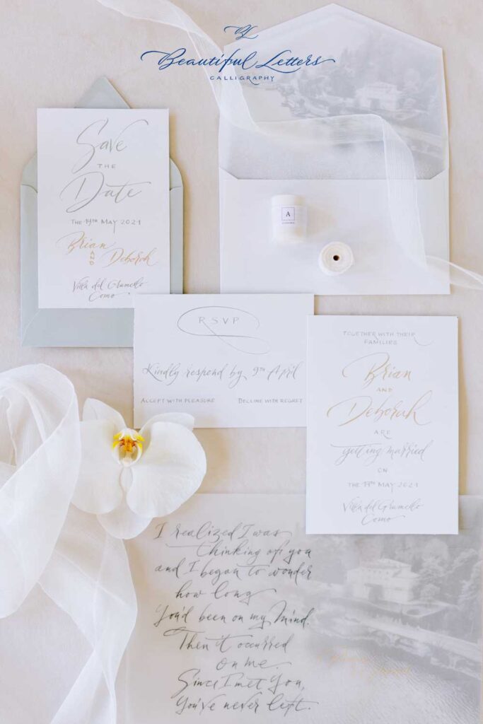 Weddingsuite calligraphy très chic in Italy Villa Grumello